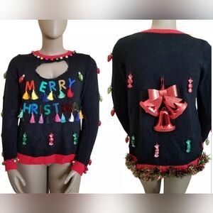Customized Ugly Christmas Sweater Bells Ornaments Merry Xmas Tinsel 2X Black